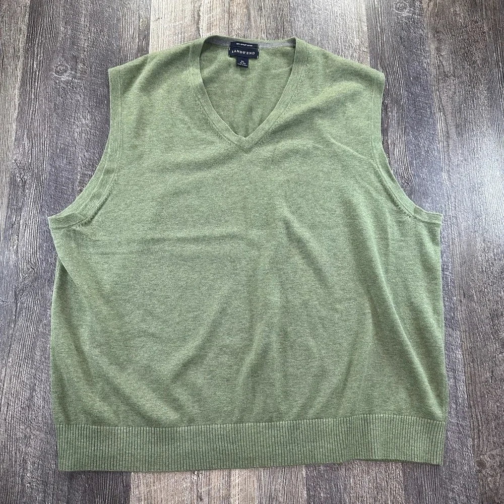 Lands End Sweater Vest Mens XL Green 100% Supima Cotton Pullover Preppy Academia